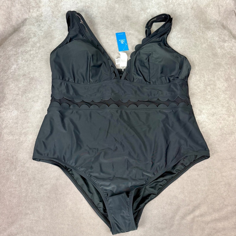 Cupshe Black Scalloped Mesh V-Neck One Piece Swimsuit Plus Size 3X